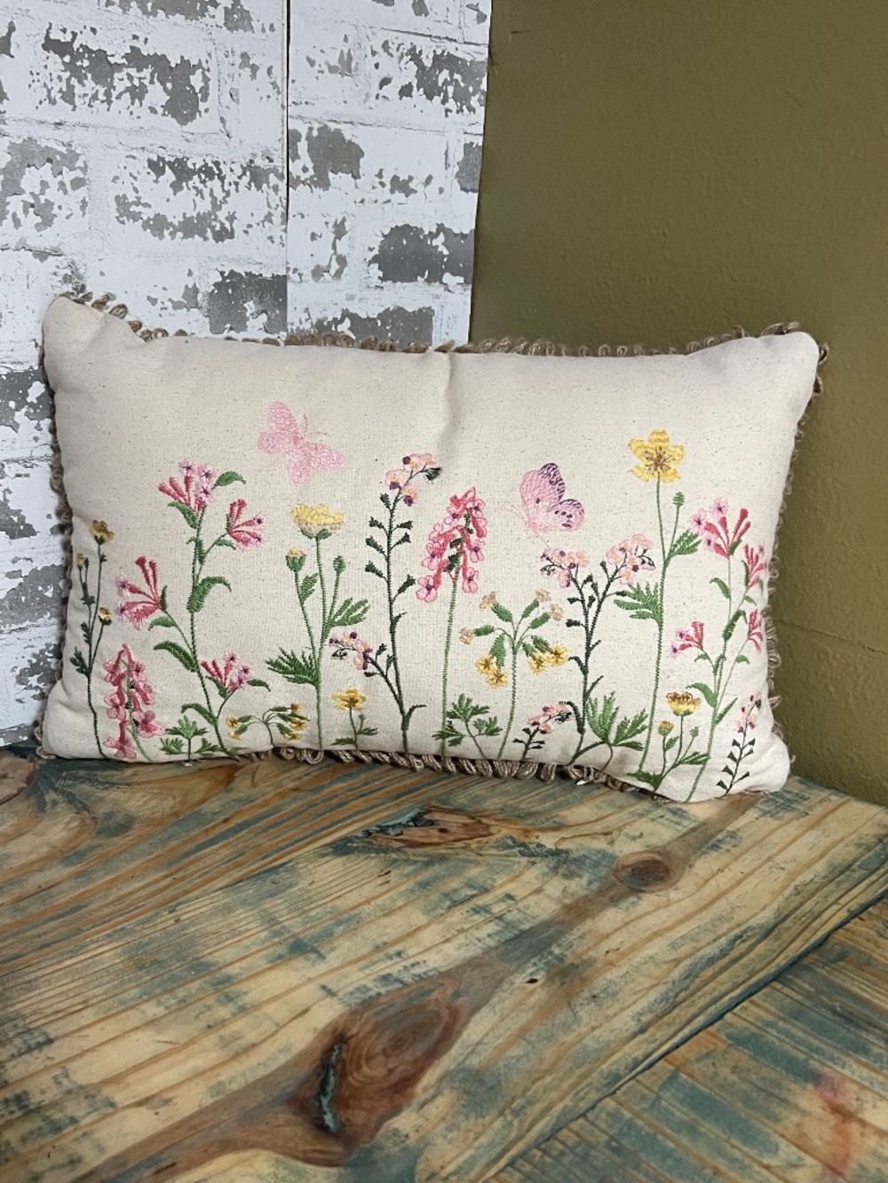 Rectangular decorative embroidered wildflower throw pillow
